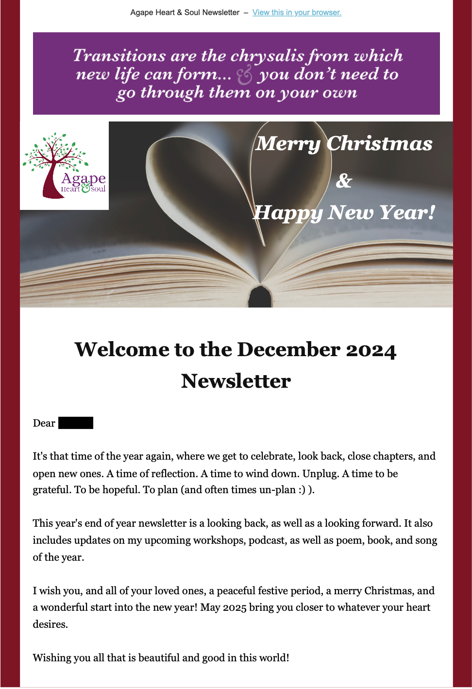 Newsletter December 2024, Dina Sabry Fivaz, Agape Heart & Soul