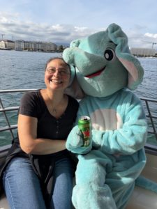 Dina on the Geneva mouette boat, with a Japanese tourist dressed up as an elephant. 